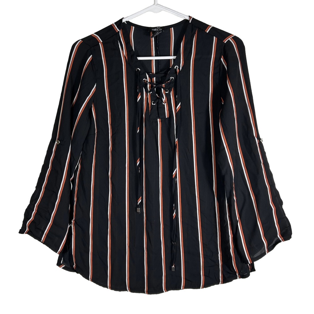 rue21 Women Black Orange Striped Lace Up V-Neck Roll Tab Sleeve Blouse Small
